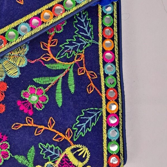 Navy Blue Clutch Bag Colorful Embroidery Elephants Floral Mirror Details NWOT - Picture 4 of 14
